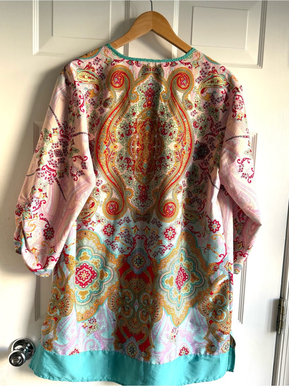 Boho Paisley Tassel Tunic Top | Aqua Pink Print | Size L - Picture 2 of 6